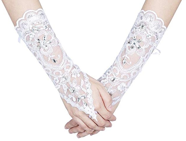 Lacey Ivory Rhinestone Fingerless Gloves