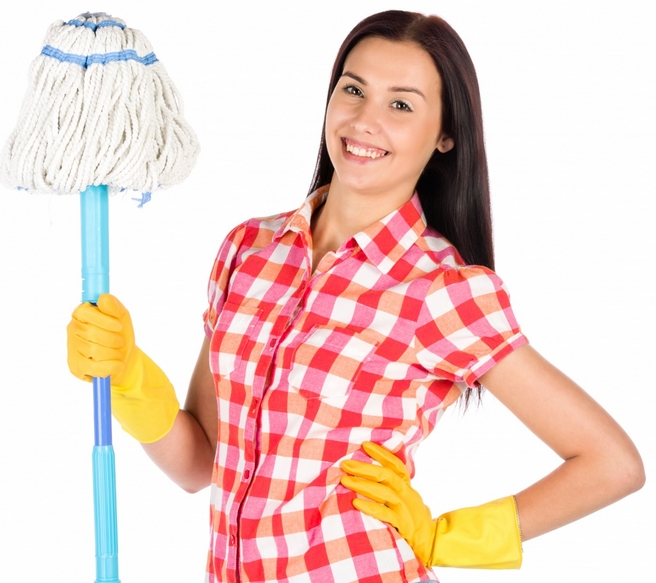 young women wearing yellow cleaning gloves ready for work